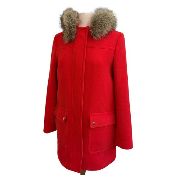 J. Crew Red Wool Blend Long Red Patka Coat Fur Hood Sz 8 Winter Statement chic - Picture 3 of 8